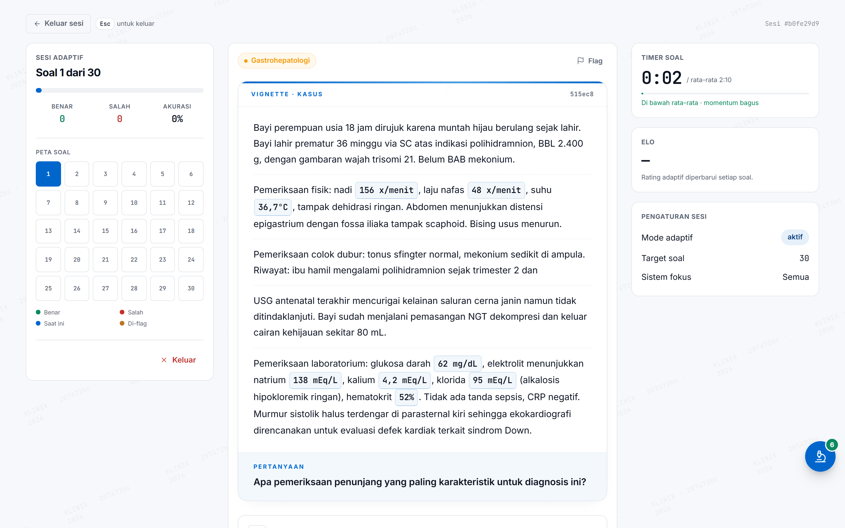 Sesi quiz adaptif dengan vignette klinis di Klinix